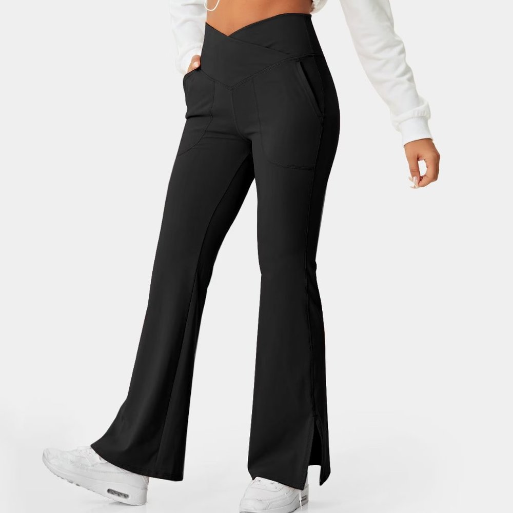 Halara Crossover Pocket Split Hem Full Length Flare Leggings in Black M